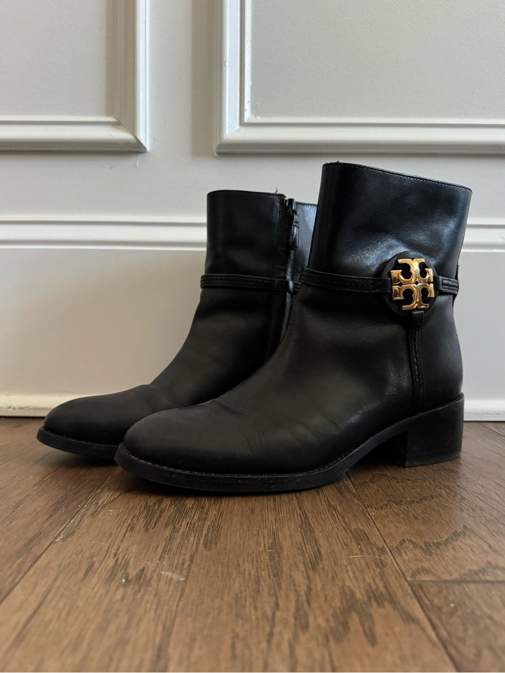 Tory Burch Black Leather Ankle Booties with Gold Logo Medallion
